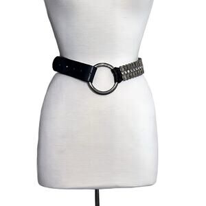 ANTONIAZZI FIRENZE Italy XL Black Leather Belt 1.5” Wide Silver Buckle Crystals